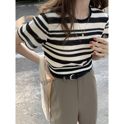 Striped Knitted T-shirt Women's Short-sleeved Summer Korean Version Was Thin And Contrasting Color