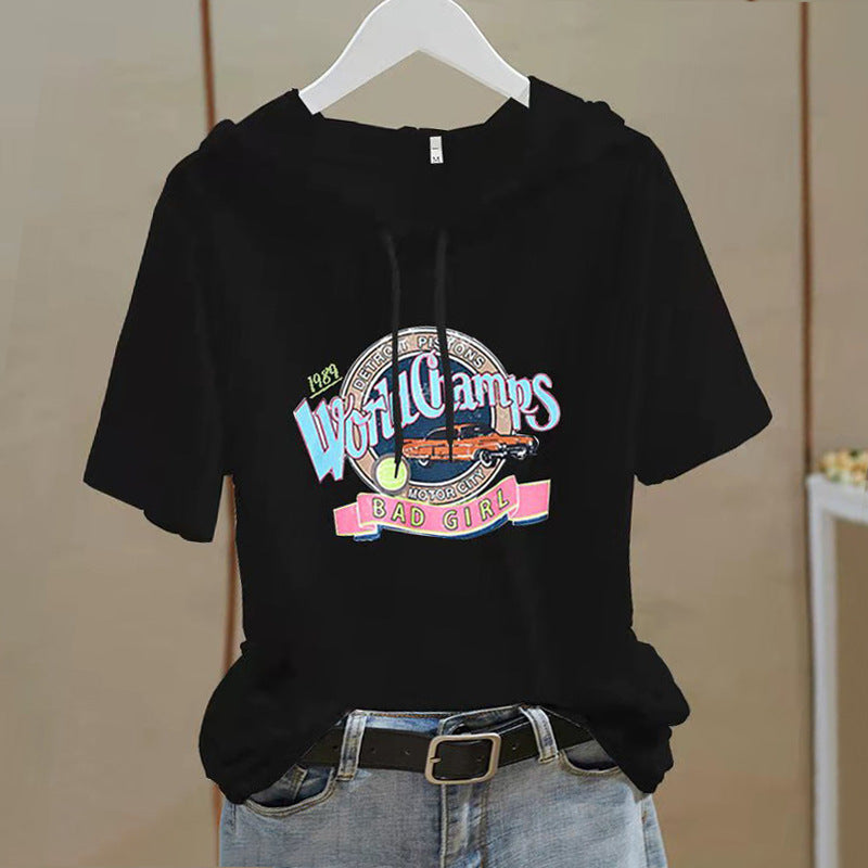 Camiseta con capucha de estilo occidental de manga corta para mujer