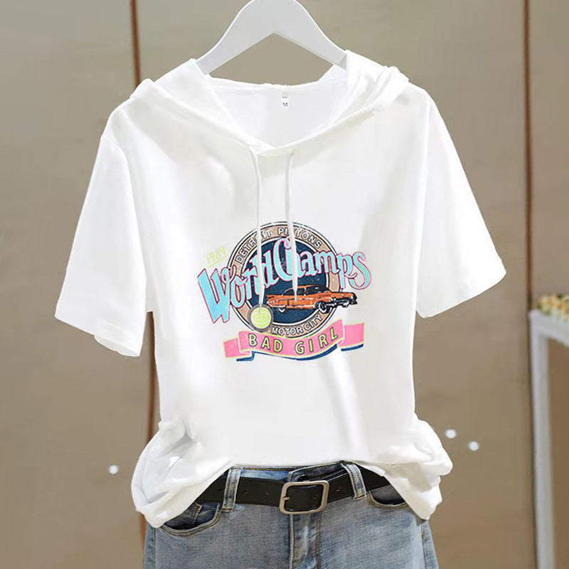 Camiseta con capucha de estilo occidental de manga corta para mujer