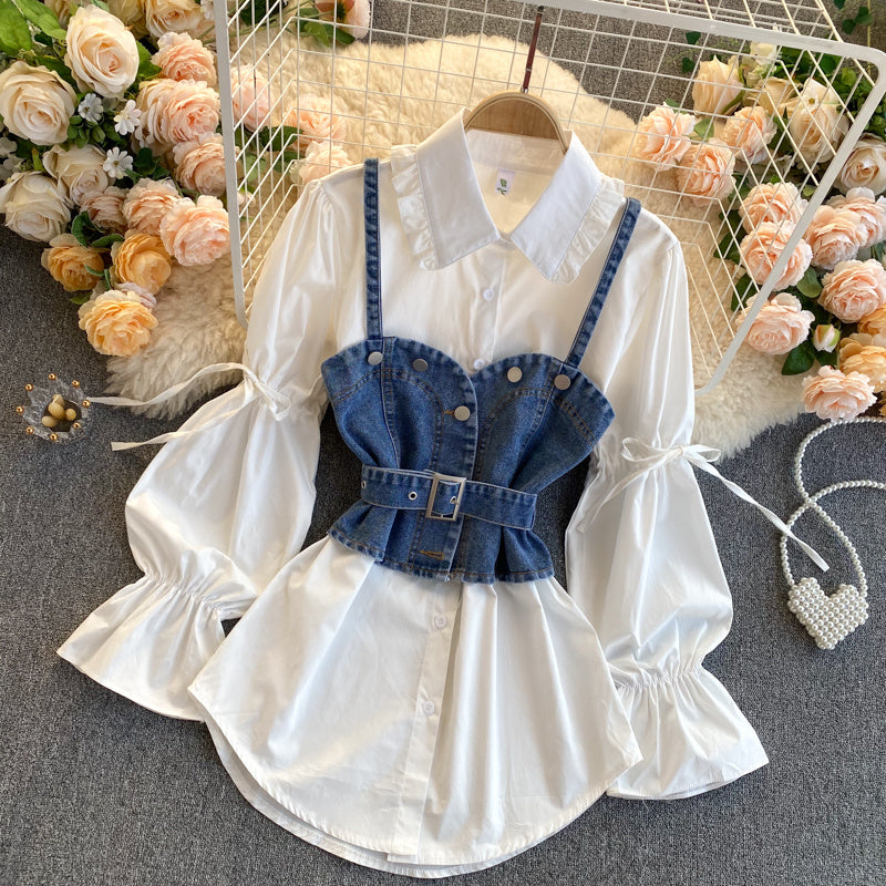 Hong Kong Style Retro Shirt Female Design Sense Niche Bubble Sleeve Loose Wild Denim Camisole Two-piece Stack