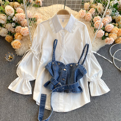 Hong Kong Style Retro Shirt Female Design Sense Niche Bubble Sleeve Loose Wild Denim Camisole Two-piece Stack