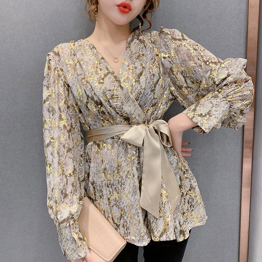 Snake Print Blouse Design Sense Mid-length V-neck Chiffon Shirt Long Sleeves With Belt