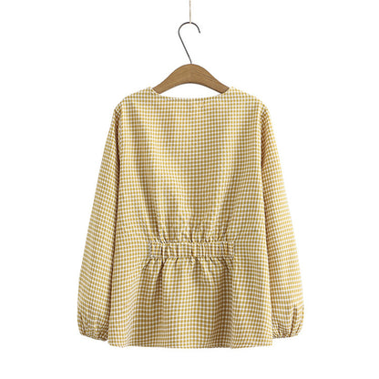 New Loose Fat Mm Korean Version Of Small Lattice V-Neck Long-Sleeved Shirt