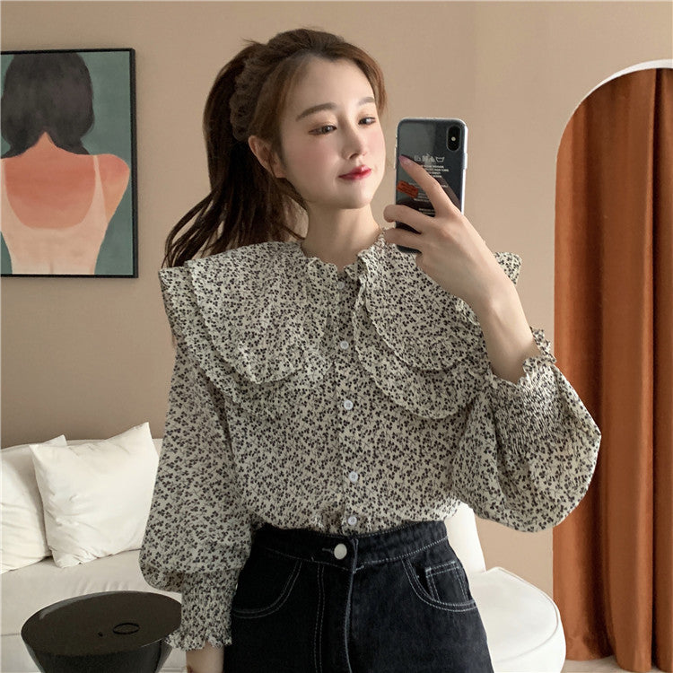 Double-collar casual floral top shirt