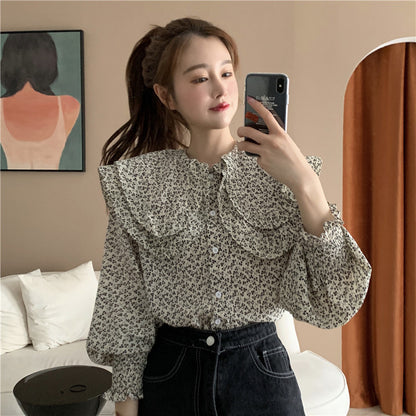 Double-collar casual floral top shirt