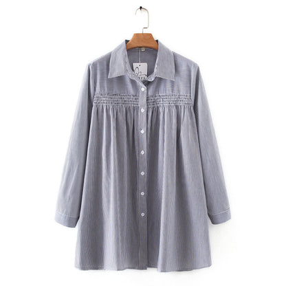 Cotton Striped Mid-Length Loose-Fitting Long-Sleeved Shirt