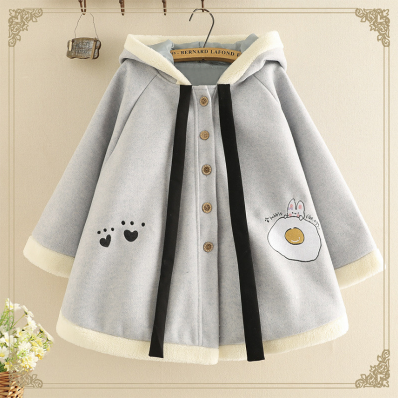 Loose Cartoon Rabbit Ears Embroidery Hooded Coat