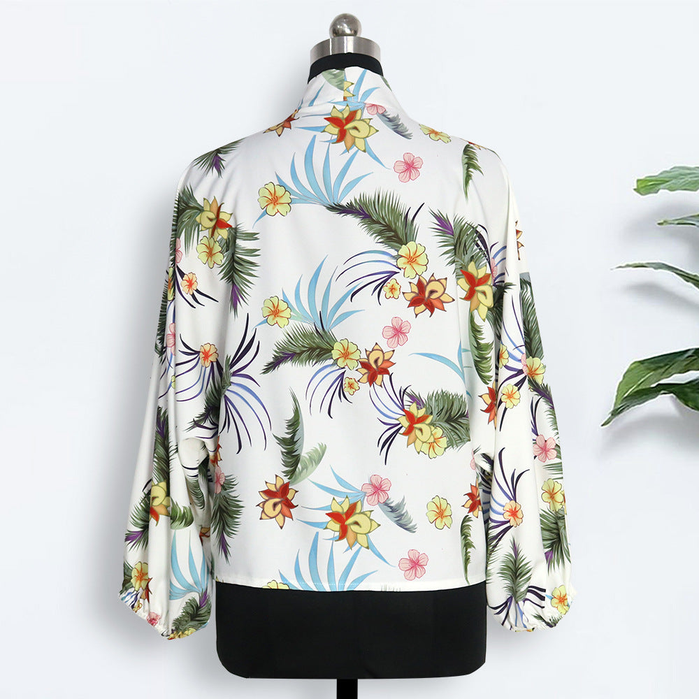 Deep V bubble long sleeve printed shirt