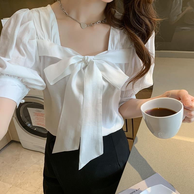 Loose Tie Shirt Short Sleeve Bow Top