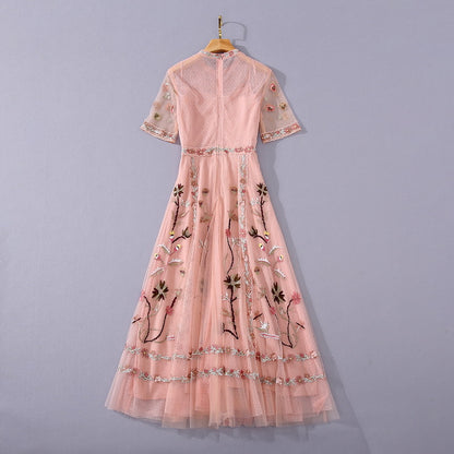 Double-layer Mesh Large Swing Dress Heavy Embroidery Stand Collar