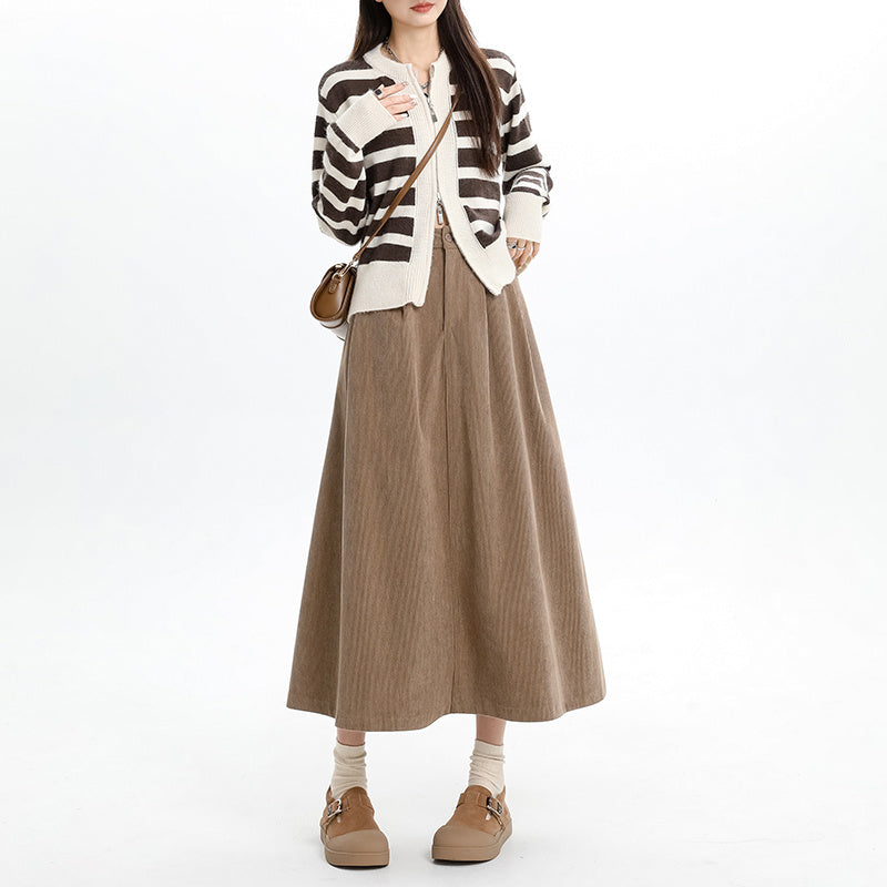 Brown Corduroy High Waist Skirt For Women