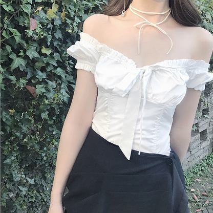 Sexy Bowknot Collar Shoulder-exposed Short-sleeved Women''s Shirt