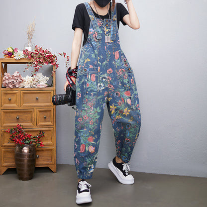 Women's Printed Denim Suspender Pants