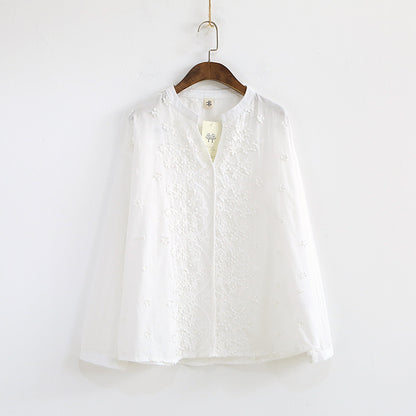 V-neck embroidered three-dimensional flower white shirt