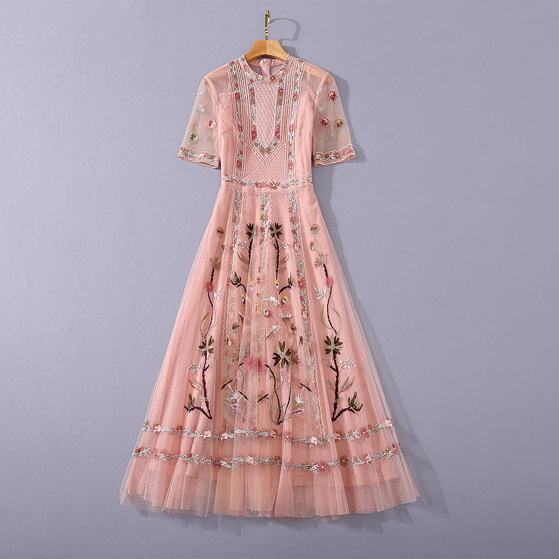 Double-layer Mesh Large Swing Dress Heavy Embroidery Stand Collar