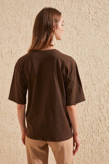 T-shirts femme en coton marron Top imprimé