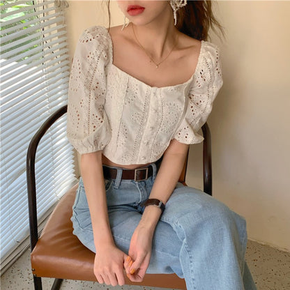 Bubble sleeve short lace top shirt