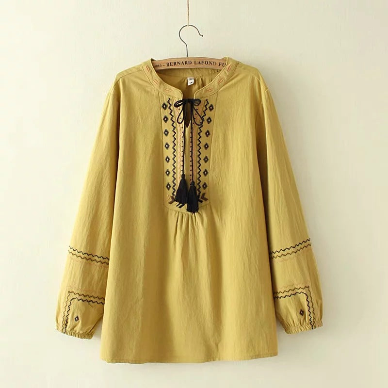 Cotton and linen embroidered fringed lace-up shirt