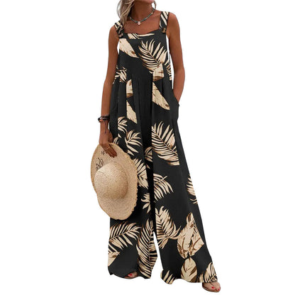 Print Sleeveless Loose Casual Sling Jumpsuit Wide Leg Pants