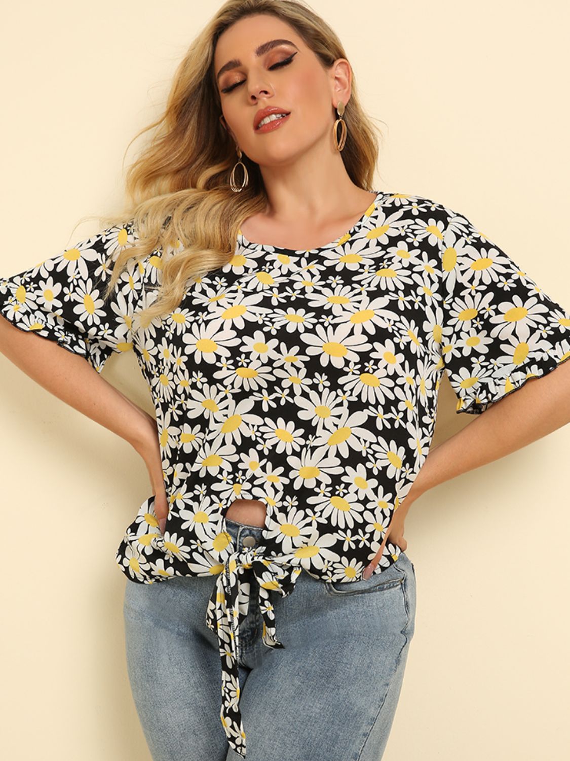 Plus Size Floral Round Neck Tie Hem Blouse