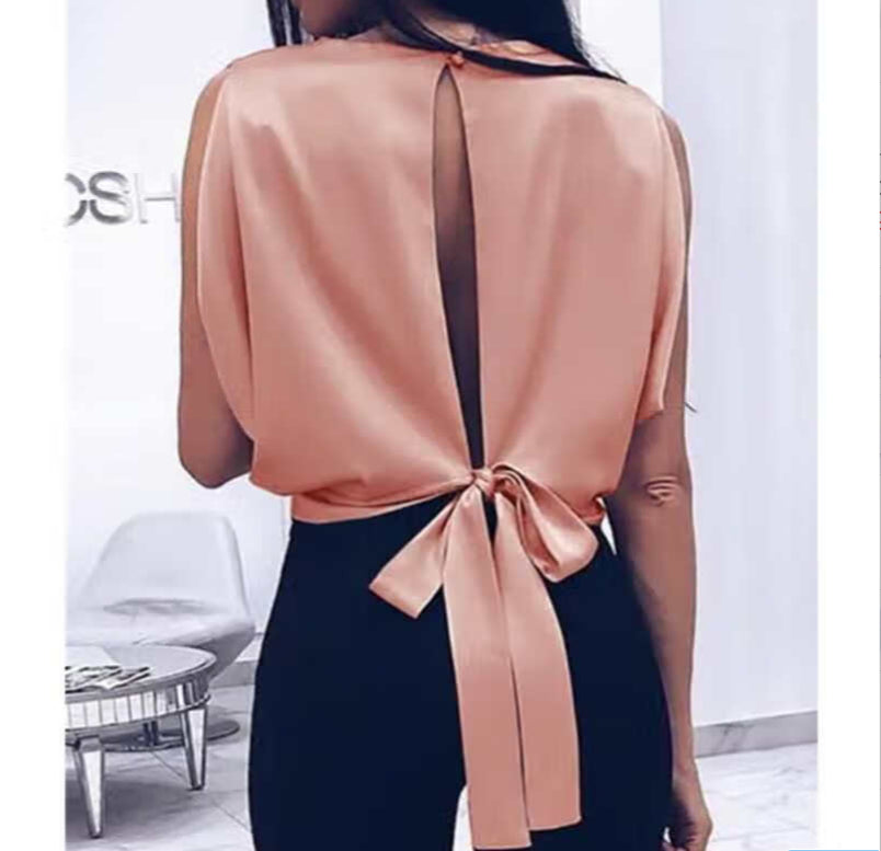 European And American Sexy Backless Tie Back Satin Top Sleeveless