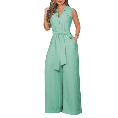 Elegant Shirt Collar Sleeveless Solid Color Zipper Strap Wide Leg Jumpsuit