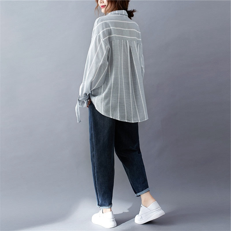 Loose And Slim Striped V-neck Long-sleeved Shirt