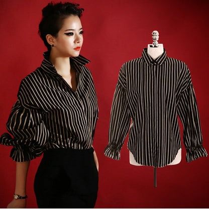 Black and White Striped Loose Blouse