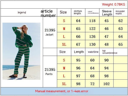 Women's Clothing Temperament Crew Neck Long Sleeve Striped Two-piece Sweater Loose Casual Trousers