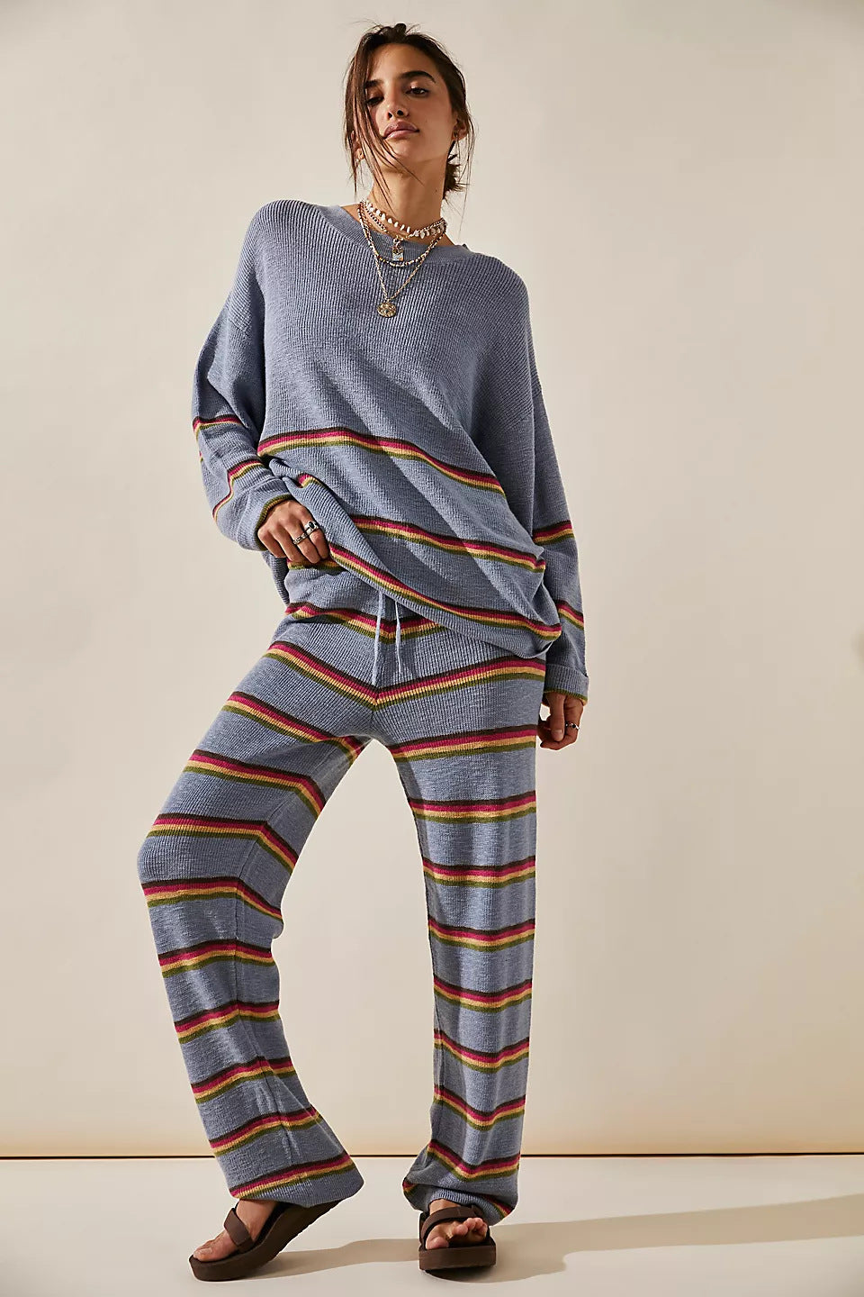 Women's Clothing Temperament Crew Neck Long Sleeve Striped Two-piece Sweater Loose Casual Trousers