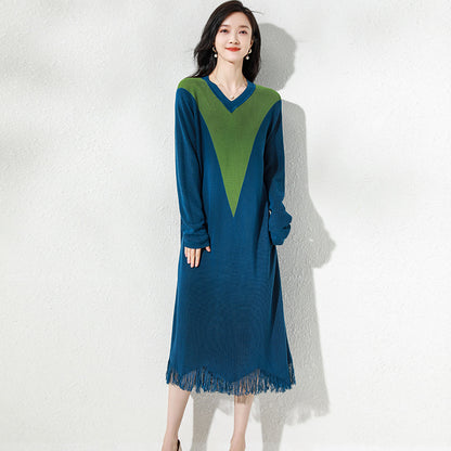 Mid-length Knitted Ice Silk Stitching Thin Tassel Dress