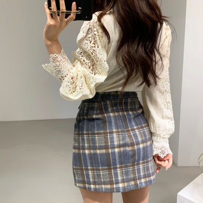 Sweet Stand Collar Long Lace Panel Long Sleeve Shirt Top