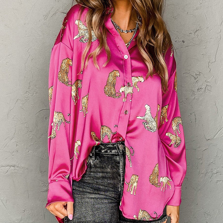 Solid Color Satin Long Sleeve Cardigan Animal Print Shirt