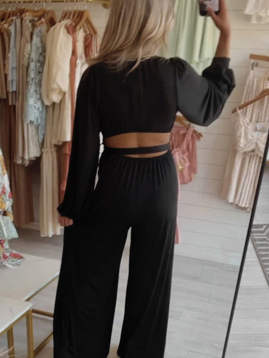 Solid Color Lace-up Wide Leg Deep V-neck Jumpsuit