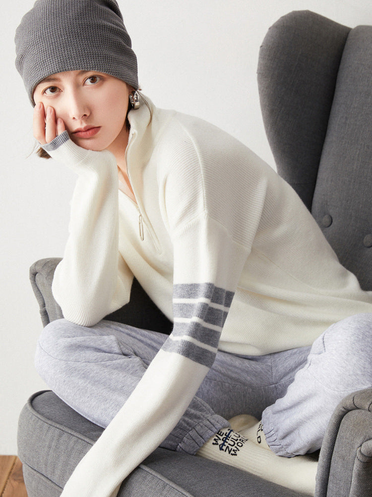 Knit Sweater Women Loose Pullover High Collar 7 Color Block Zipper 7 Coat