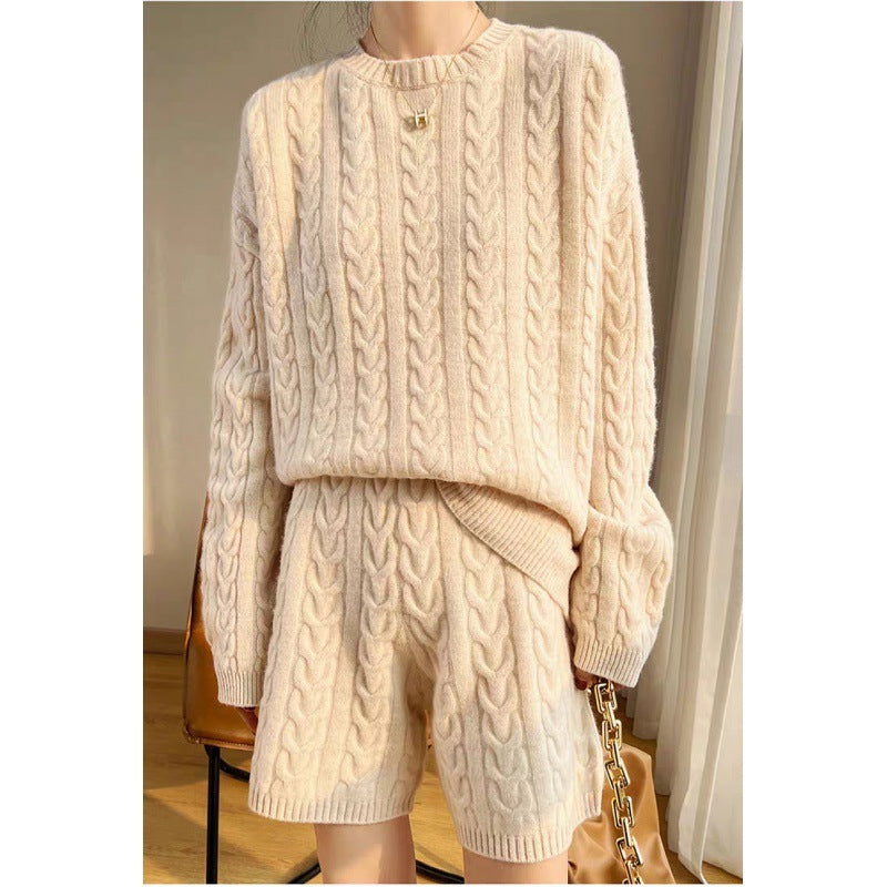 Idle Style Loose Pullover Knitwear Straight Cropped Pants Two-piece Set