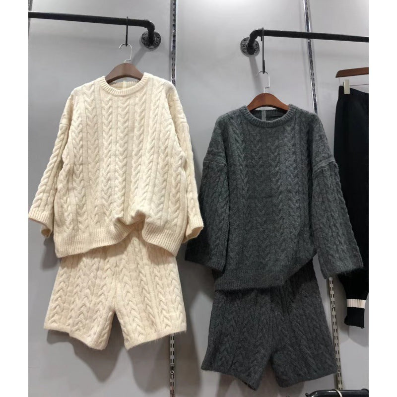 Idle Style Loose Pullover Knitwear Straight Cropped Pants Two-piece Set