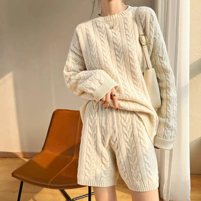 Idle Style Loose Pullover Knitwear Straight Cropped Pants Two-piece Set