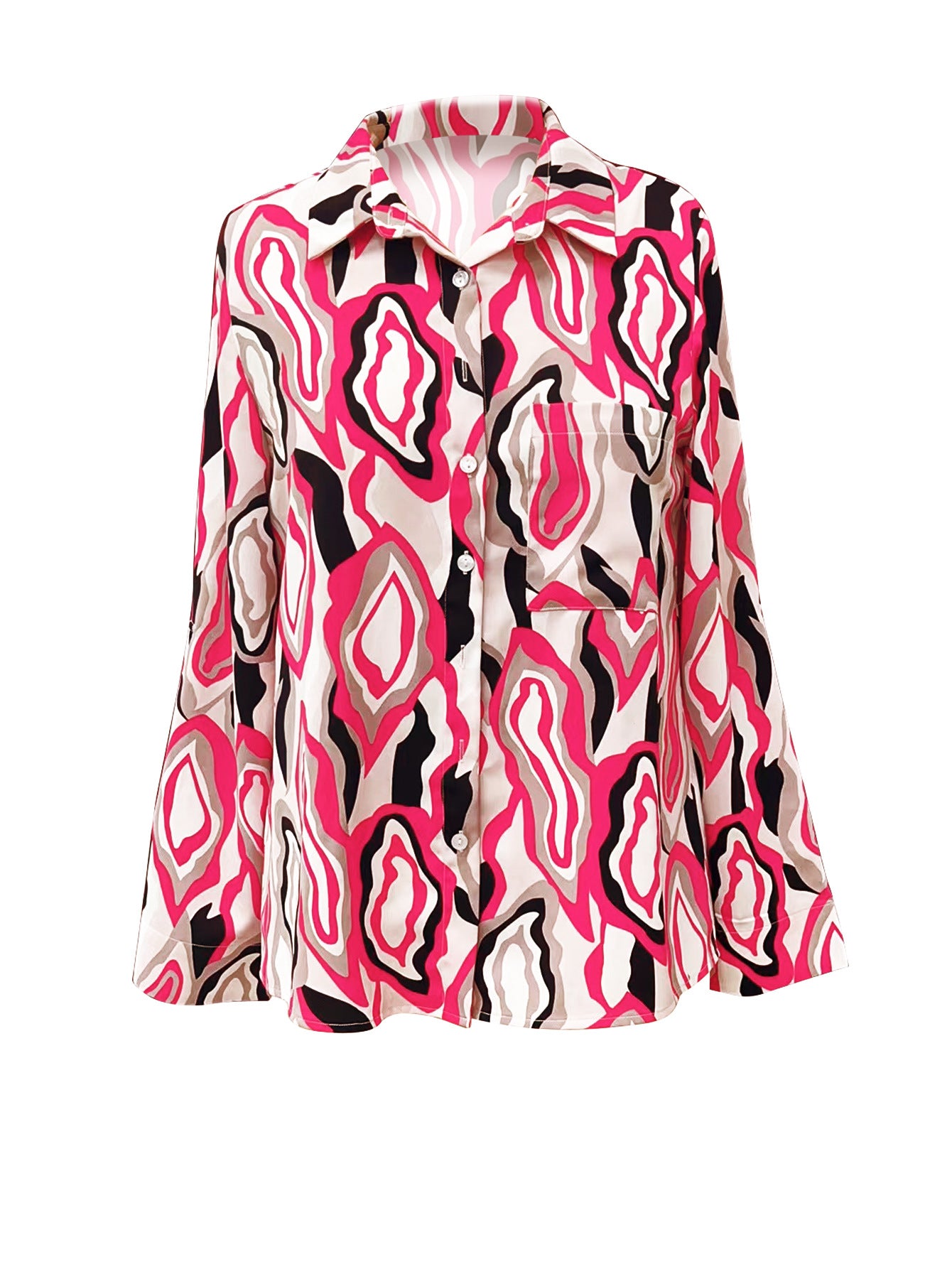 Rose Abstract Printing Curling Sleeve Chest Pocket Shirt