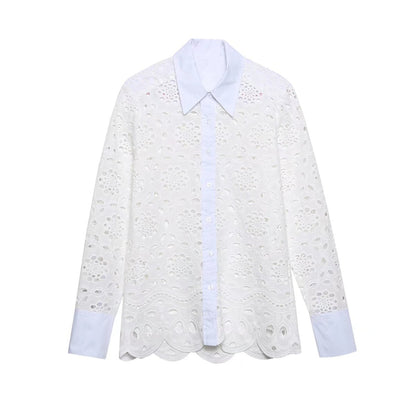 Temperament Leisure Summer New Foreign Trade Embroidery Openwork Blouse Skirt Two-piece Suit Fashion Leisure Suit