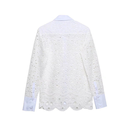 Temperament Leisure Summer New Foreign Trade Embroidery Openwork Blouse Skirt Two-piece Suit Fashion Leisure Suit