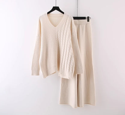 Solid Color And V-neck Sweater Autumn And Winter New Loose Casual Knitted All-matching Wide Leg Pants Two-piece Suit