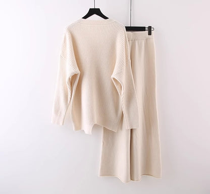 Solid Color And V-neck Sweater Autumn And Winter New Loose Casual Knitted All-matching Wide Leg Pants Two-piece Suit