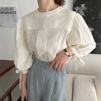 Round Neck Pleated Design Loose Bow Lace-up Lantern Sleeve Shirt Top