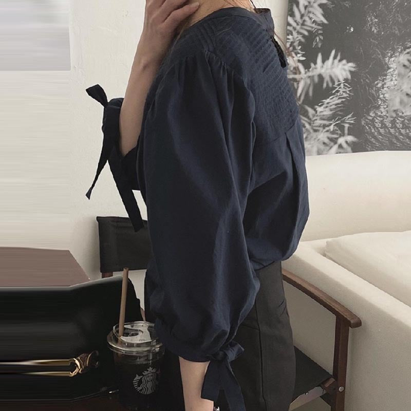 Round Neck Pleated Design Loose Bow Lace-up Lantern Sleeve Shirt Top