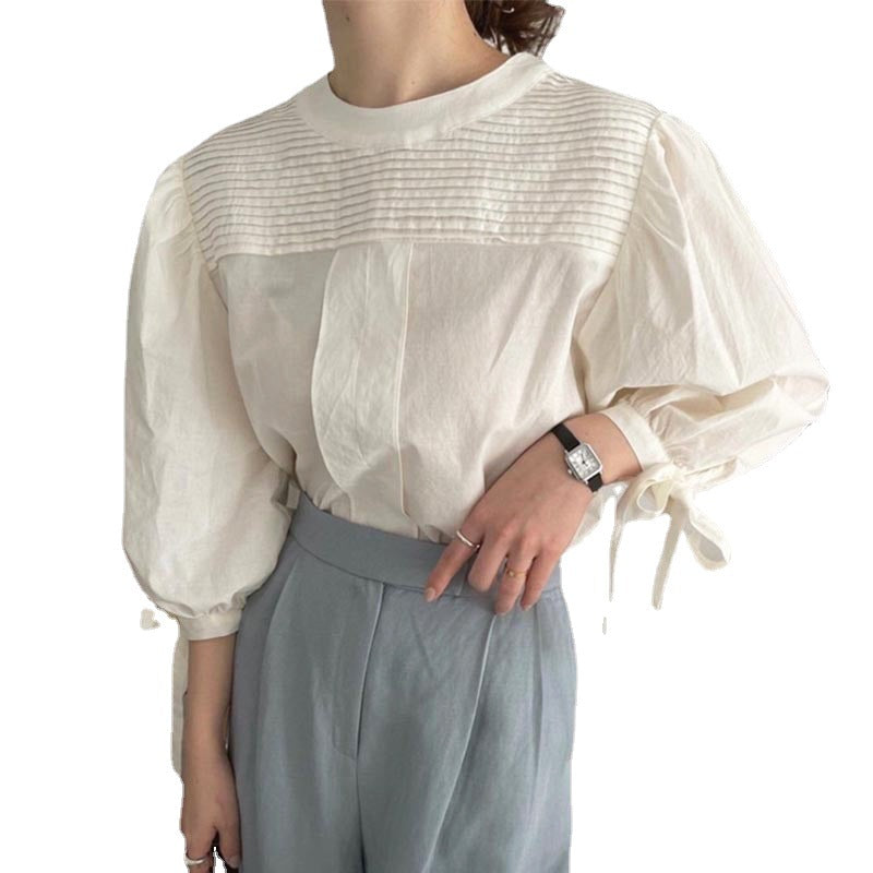 Round Neck Pleated Design Loose Bow Lace-up Lantern Sleeve Shirt Top