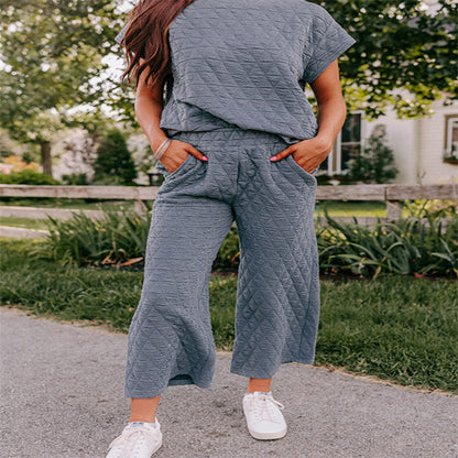 Costume de loisirs ample de couleur unie pour femmes, manches trois-quarts, pantalon court à jambes larges, ensemble deux pièces pour femmes