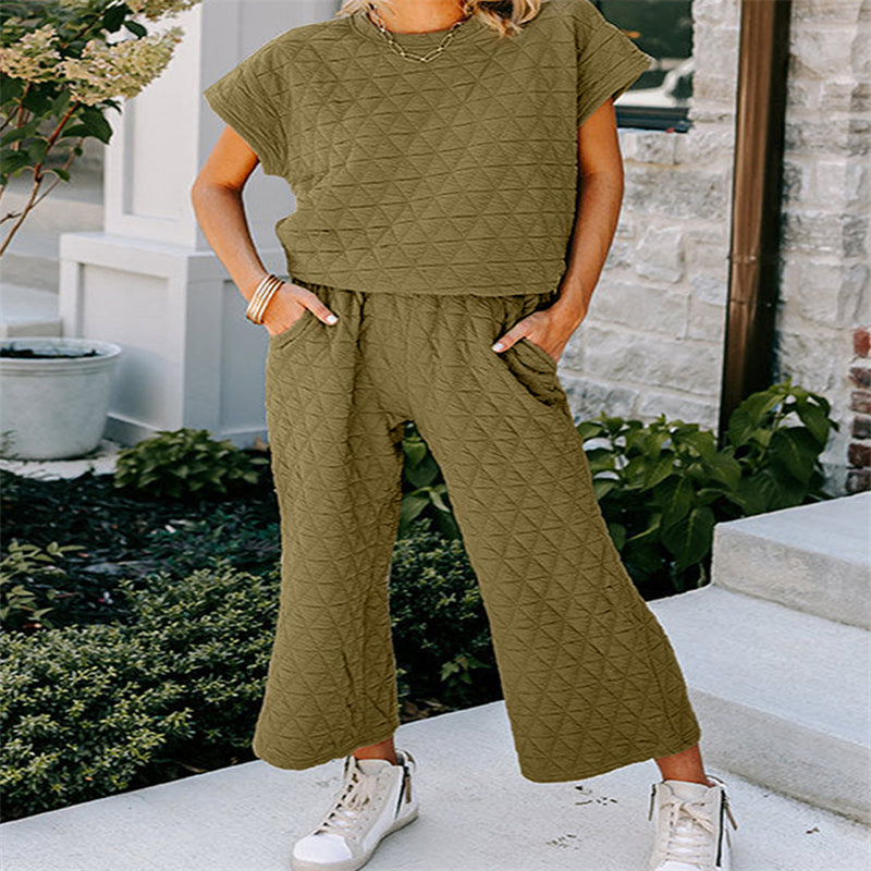 Solid Color Loose Leisure Suit Women's Three-quarter Sleeve Cropped Wide-leg Pants Two-piece Set For Women