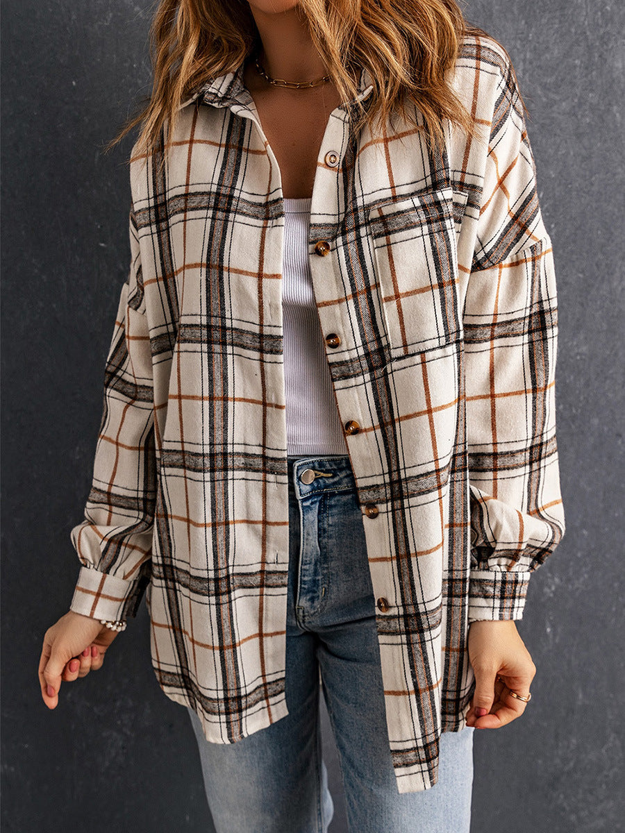 Plaid Long-sleeved Shirt Women's European And American Thigh-length Loose Cardigan All-matching Shirt