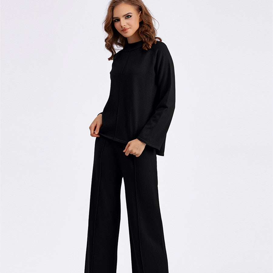 Solid Color Pullover Sweater Two-piece Slit Knitted Wide-leg Pants